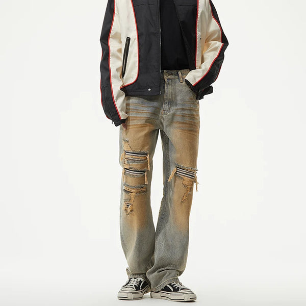 men patch hole distressed plus size denim pant ripped jeans streetwear fashion hip hop vibe loose casual baggy jeans trousers 40 vintage washed jeans