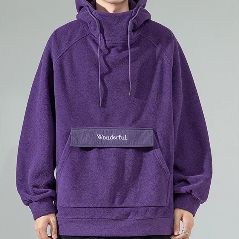 Autumn Polar Fleece Half Turtleneck Hoodies For Men Y2K Vintage Windproof Hooded Sweatshirts Casual Streetwear Pullover
