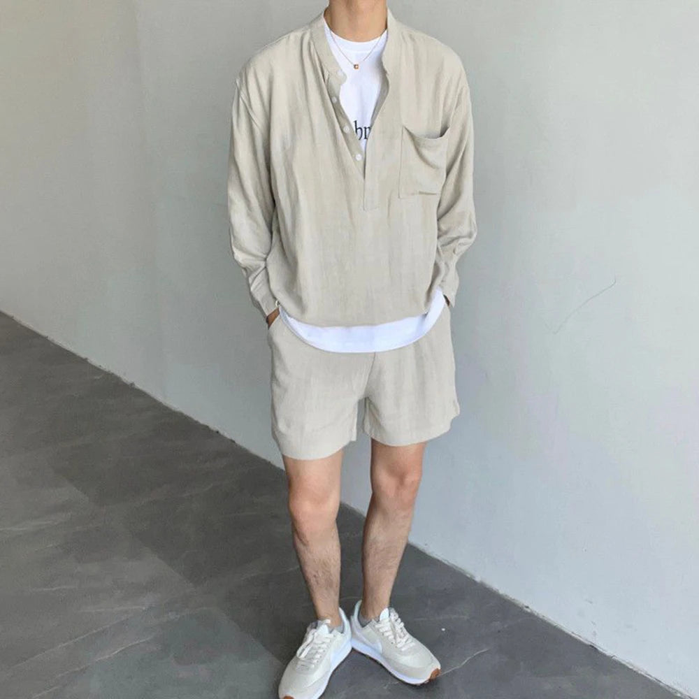 korean fashion summer clothes men 2 piece set solid hip hop v neck tops shorts streetwear short pants outfits casual outer sets drawstring street shorts