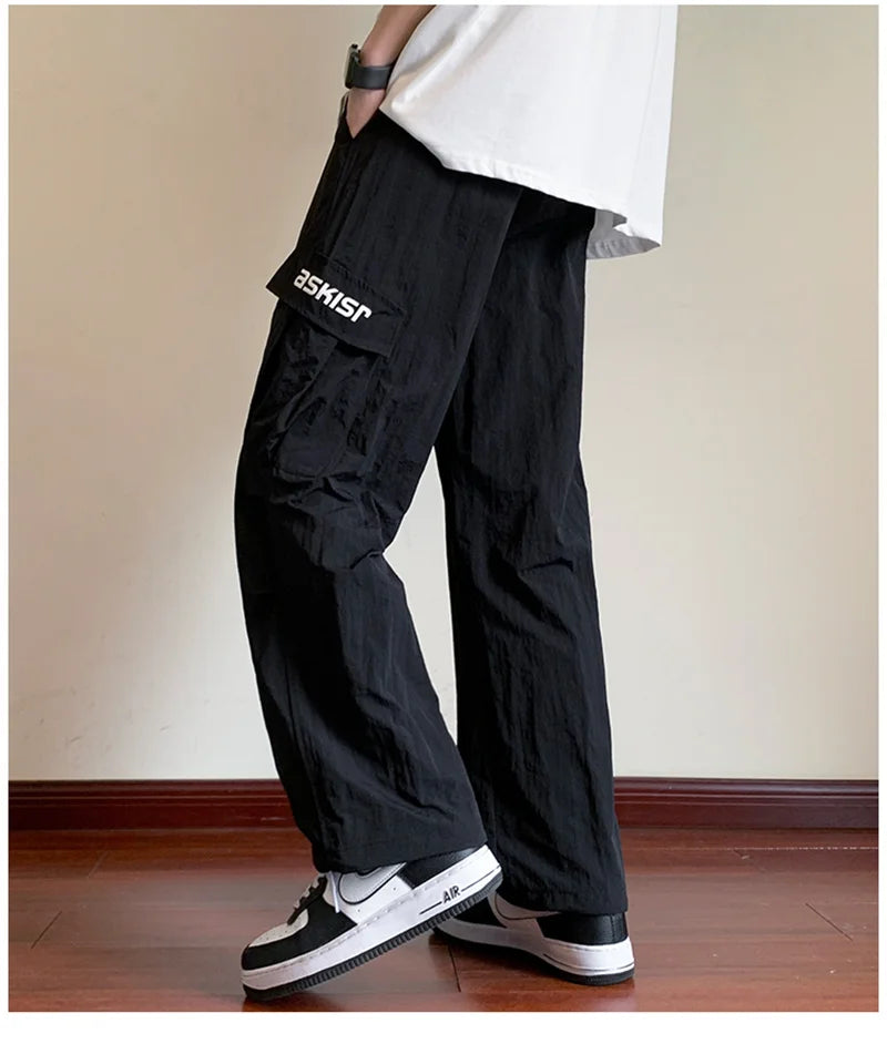 american retro straight leg cargo pants mens baggy casual outdoor gym trousers autumn thin tactical quick dry pantalones hombre unique cargo style 3435