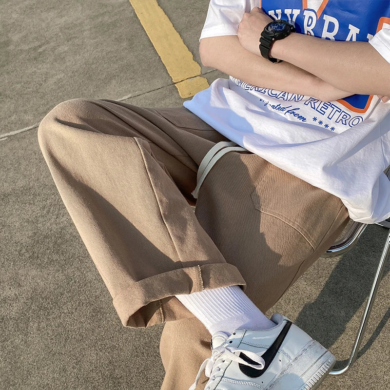 100 cotton pants men fashion khaki black casual pants men japanese streetwear loose straight wide leg pants mens trousers m 2xl clean everyday pants