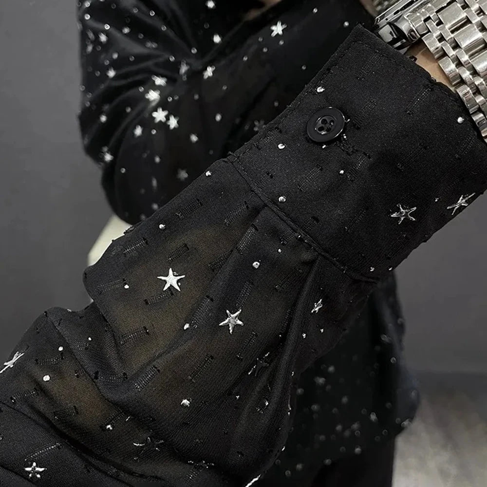Mens Shirts Night Sky Print Shirts Summer Streetwear Light Breathable Campus Performance Long Sleeve Tops Men'S Clothing 2024