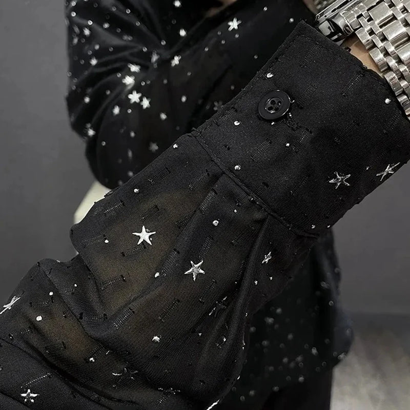 Mens Shirts Night Sky Print Shirts Summer Streetwear Light Breathable Campus Performance Long Sleeve Tops Men'S Clothing 2024