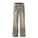 red chain pendant washed vintage jeans men women streetwear fashion hip hop loose casual wide leg denim jeans pants trousers unique jeans style 1481