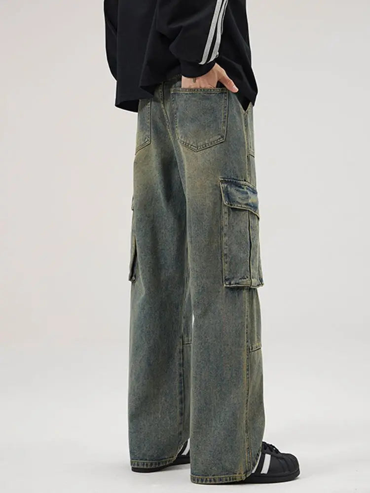 spring and autumn retro men and women trendy straight tube multi pocket work clothes jeans american couple loose casual pants denim street jeans