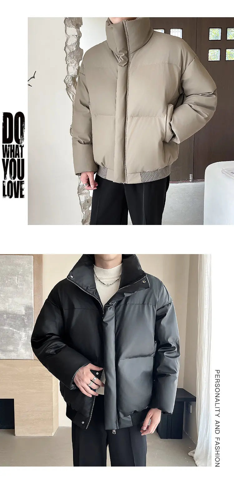 Winter Stand Collar Thicken Leather Short Jacket Men Fashion Loose Casual Warm Cotton-padded PU Leather Bomber Jacket Parka Coat