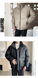 Winter Stand Collar Thicken Leather Short Jacket Men Fashion Loose Casual Warm Cotton-padded PU Leather Bomber Jacket Parka Coat