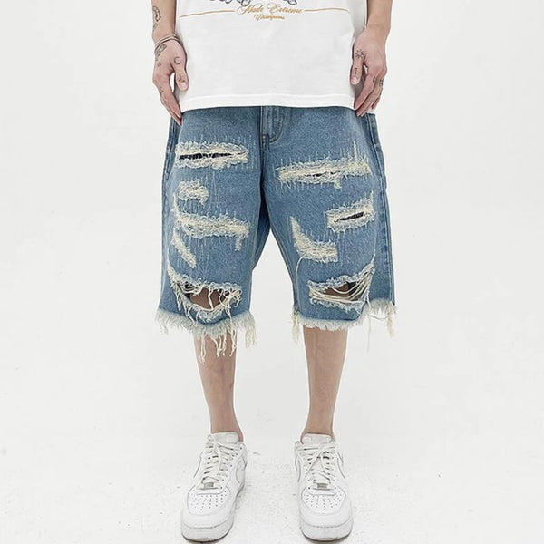 Mens Fashion Denim Jean Shorts Summer Casual Destroyed Ripped Destressed Holes Loose Shorts Hip Hop Streetwear Shorts Joggers