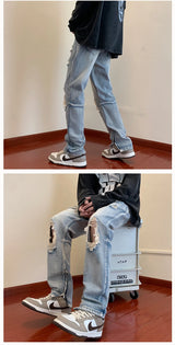 bottom zipper destroyed washed jeans skinny jeans ripped holes trousers men biker jeans fashion streetwear hip hop pants joggers unique joggers style 3018