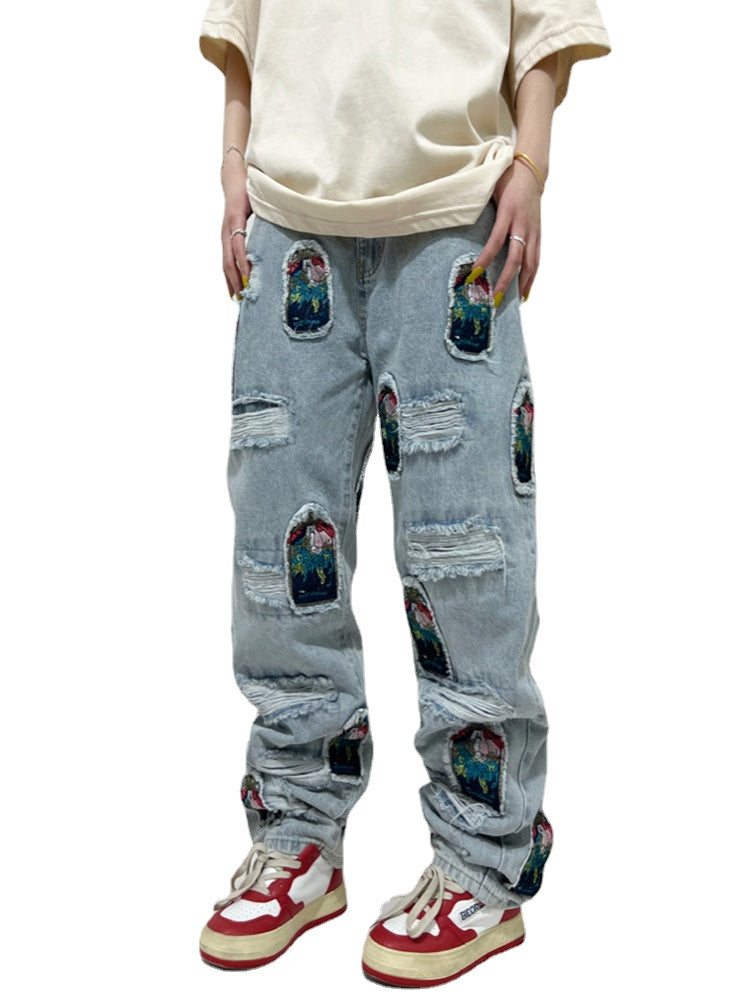 fashion ripped holes patchwork harajuku embroidery denim straight jean pants y2k trouser unisex hip hop streetwear jeans pants unique jeans style 4231