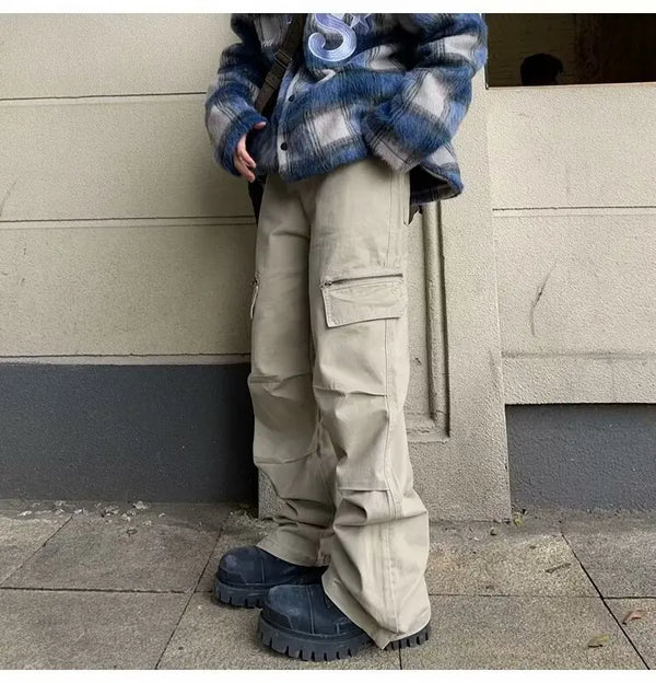 brand pants casual pants multi pockets checked cloth straight loose solid korean multi pocket fashions harem trousers cargo pant multi-pocket cargos