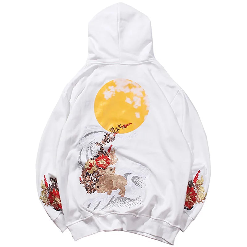 2023 Men Hip Hop Hoodie Sweatshirt Embroidered Floral Full Moon Rabbit Harajuku Streetwear Hoodie Pullover Cotton Autumn Hipster