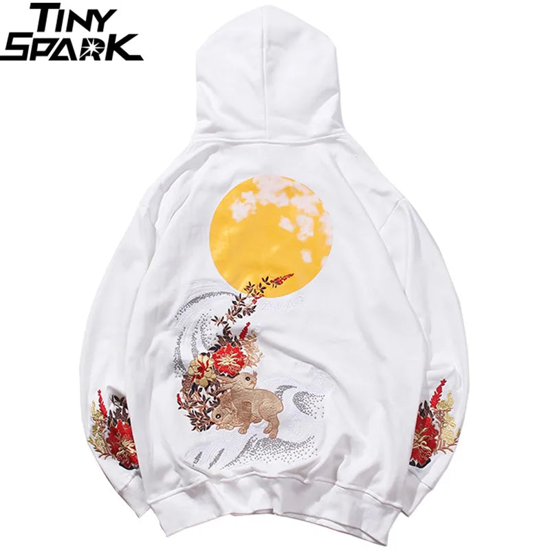 2023 Men Hip Hop Hoodie Sweatshirt Embroidered Floral Full Moon Rabbit Harajuku Streetwear Hoodie Pullover Cotton Autumn Hipster
