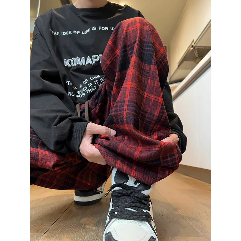 autumn plaid pants men oversized fashion retro casual pants men streetwear hip hop loose wide leg pants mens vintage trousers clean everyday pants