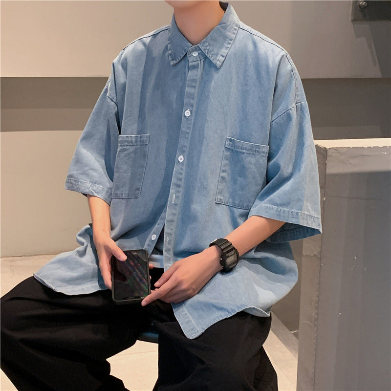 2023 Denim Short-sleeved Shirt Men's Summer Japanese Style Loose And Comfortable Casual Jacket Boutique Clothing Simple Style