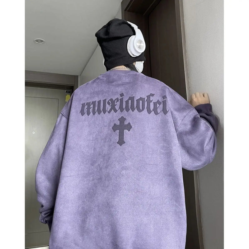 Winter Korean Trendy Suede Sweatshirt for Men in Autumn New Y2K American High Street Handsome Long-sleeved Couple Printed Top