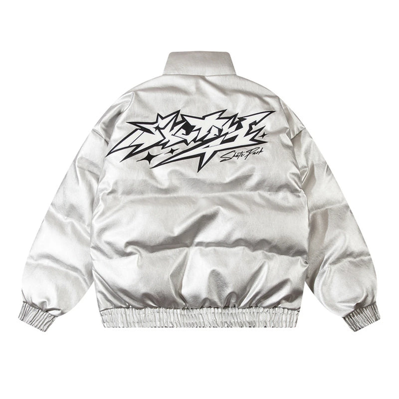 Men Waterproof Warm Jacket Winter Vintage PU Leather Parkas Embroidery Letter Thick Padded Coat Streetwear Hip Hop Loose Parka