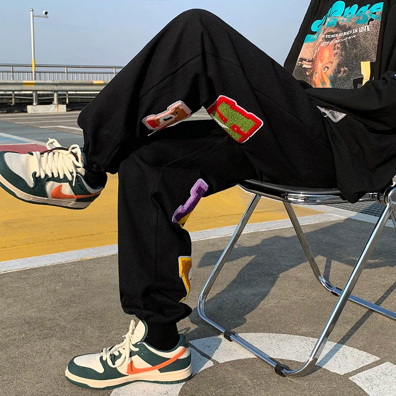 preppy style letter embroidery straight men baggy tracksuit pants y2k clothes sweatpants male drawstring casual long trousers unique joggers style 1074