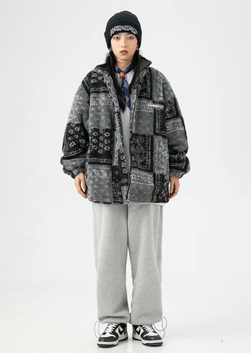 Skatercore Fit – Men Paisley Fleece Jackets Coats Fashion Hairy Zipper Loose