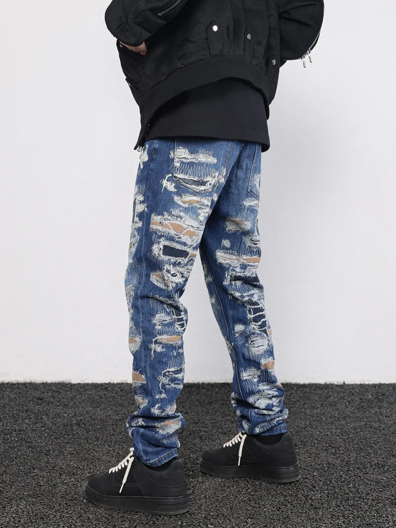 retro washed 3d printed fake distressed jeans hip hop denim pants streetwear jean pants mens harajuku cotton trousers joggers casual joggers