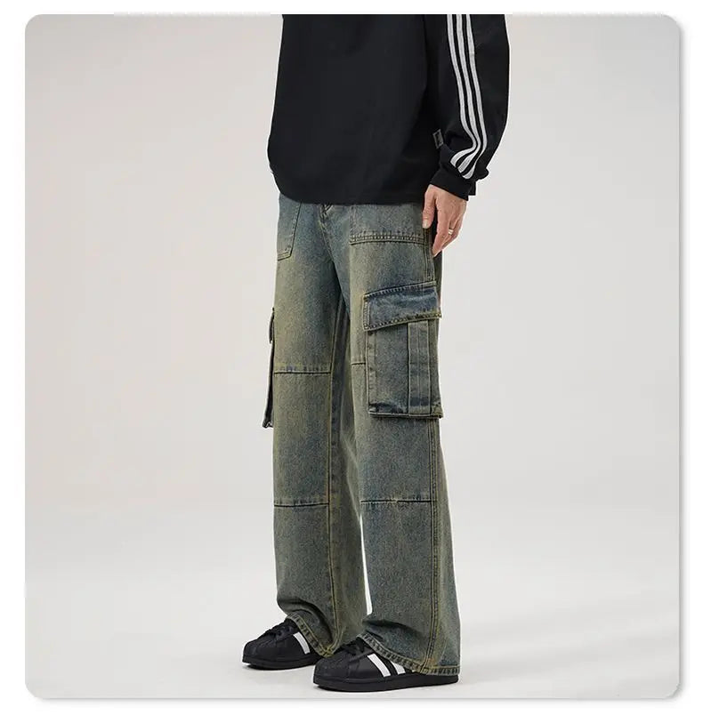 spring and autumn retro men and women trendy straight tube multi pocket work clothes jeans american couple loose casual pants unique jeans style 35