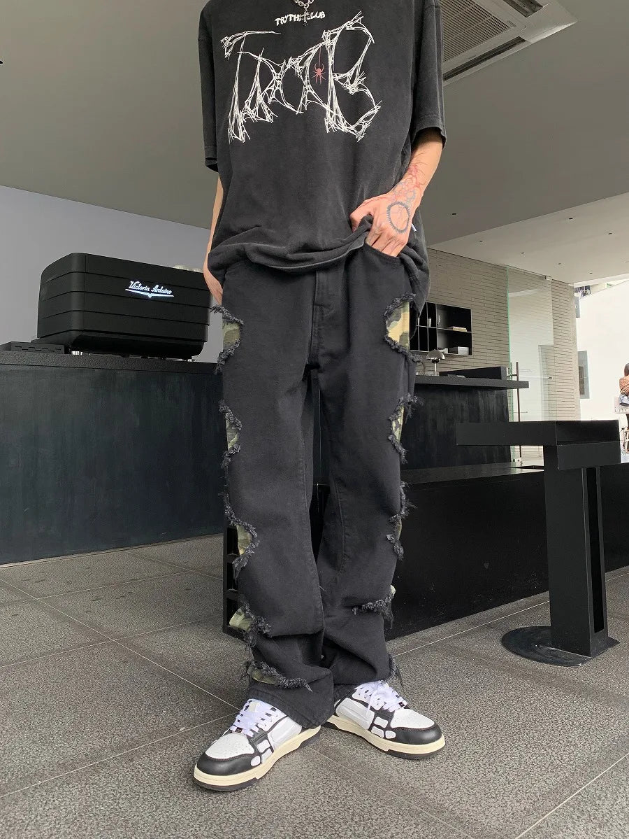 side destroyed ripped holes denim jeans pants mens casual patchwork camouflage loose straight joggers hip hop streetwear jeans unique joggers style 4082