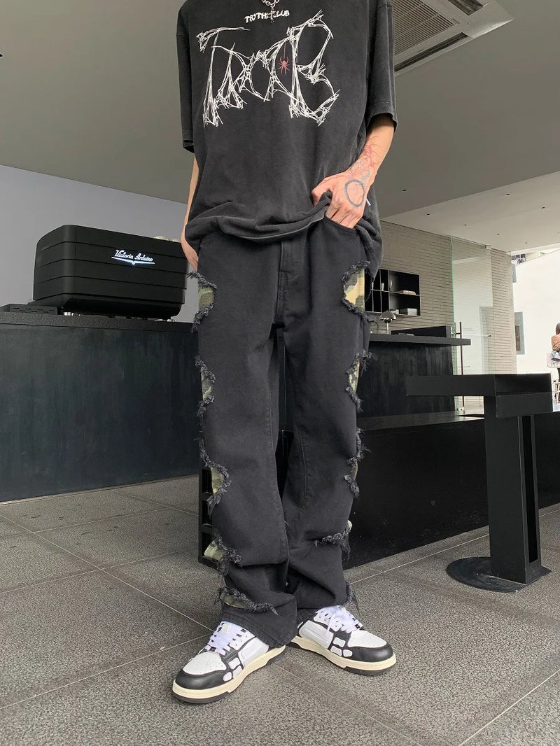 side destroyed ripped holes denim jeans pants mens casual patchwork camouflage loose straight joggers hip hop streetwear jeans unique joggers style 4082