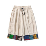 mens summer thin linen shorts loose straight mens pants japanese patchwork wind over the knee beach pants drawstring street shorts
