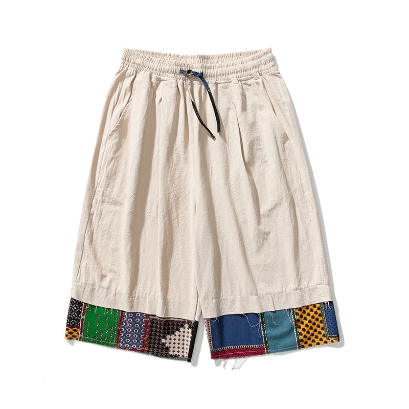 mens summer thin linen shorts loose straight mens pants japanese patchwork wind over the knee beach pants drawstring street shorts