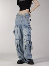 fashion loose streetwear cargo denim jeans unisex casual multi pocket straight jean pants with belt hip hop joggers baggy jeans unique joggers style 3704
