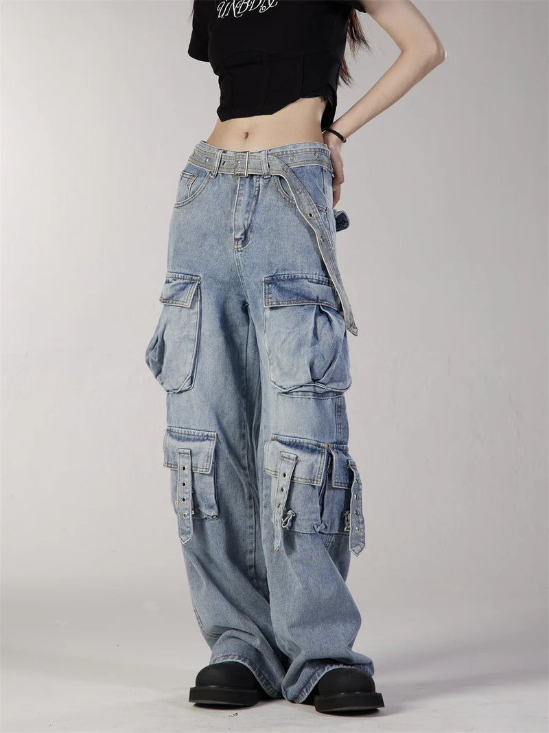 fashion loose streetwear cargo denim jeans unisex casual multi pocket straight jean pants with belt hip hop joggers baggy jeans unique joggers style 3704