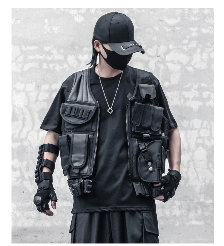 hip hop sleeveless vests mesh adjustment cargo waistcoat with pockets zipper military jacket streetwear tactical vest sweatsh - variant style 70edbe for streetwear fashion