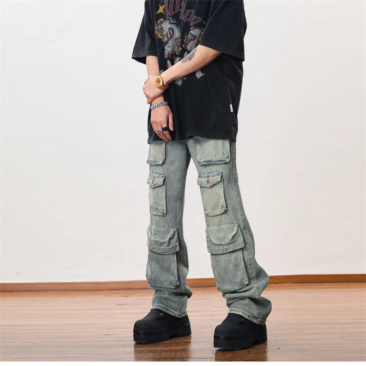 hip hop cargo denim pants streetwear plain denim pants mens harajuku cotton casual joggers jeans loose straight pants trousers unique joggers style 3857