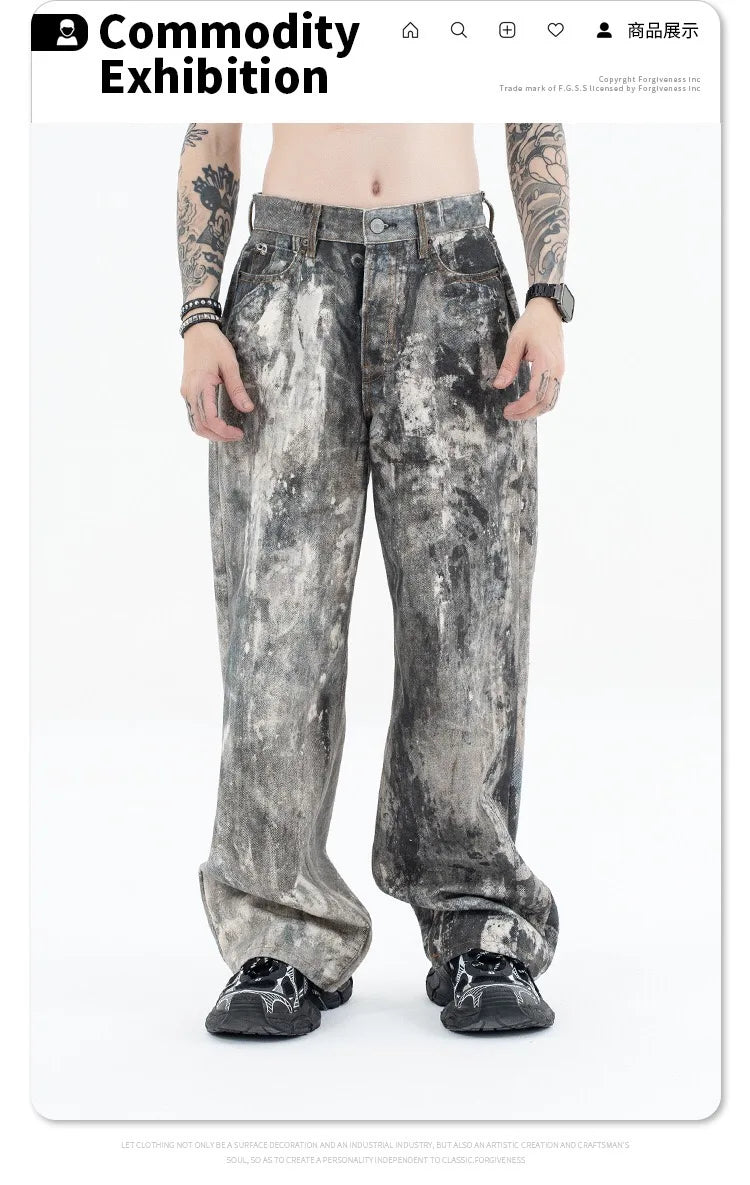 Autumn and winter 2024 new digital printed camo splash ink baggy jeans