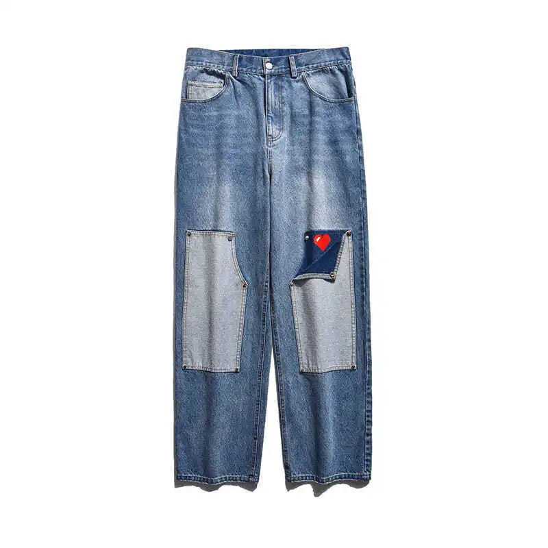 men jeans patchwork multi pocket couple denim pants beggar style cargo pants high street casual male streetwear unique cargo style 2414