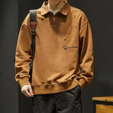 Autumn Y2K Vintage Long Sleeve Sweatshirt Mens Loose Pockets Polo Neck