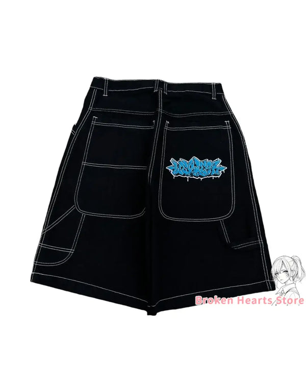 Wexwear Embroidery Shorts Skateboarding New Y2k Jeans Denim Baggy Harajuku Gym Basketball Shorts Men Letter Graphic Streetwear