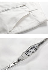 high street black white straight zipper becomes slightly flared denim jeans harajuku casual hip hop cashew flower jeans for men unique jeans style 4426