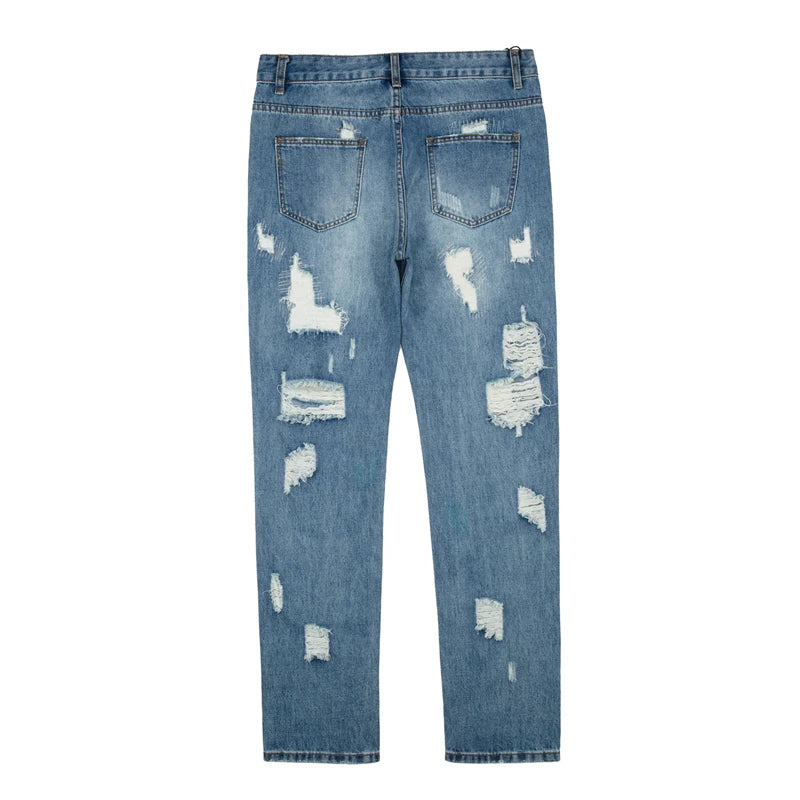 Harajuku Frayed Hole Straight Washed Retro Baggy Men's Jeans High Street Ripped Hip Hop Casual Oversized Denim Trousers