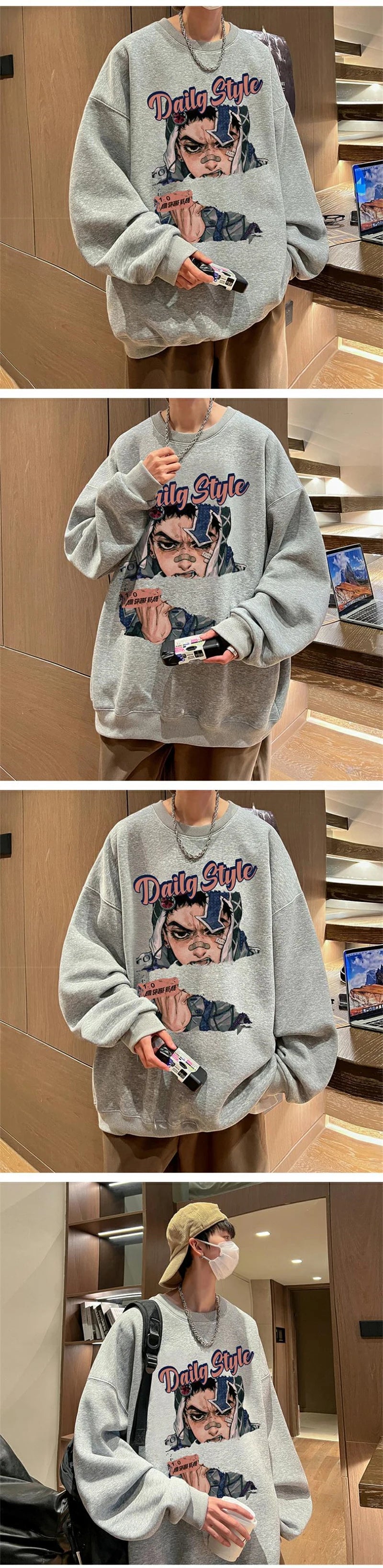 New Anime Boy Printed Mens Crewneck Sweatshirts Autumn Y2K Vintage Fleece