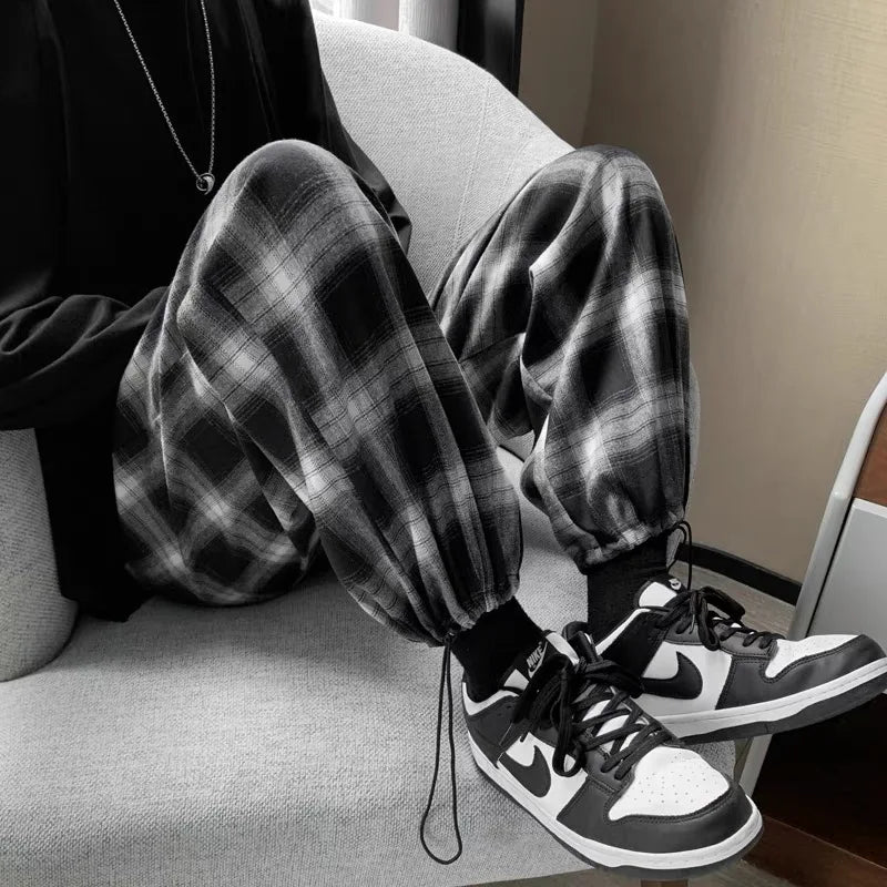 plaid pants men fashion retro color contrast casual pants men streetwear loose hip hop straight pants mens trousers m 3xl menswear bottoms