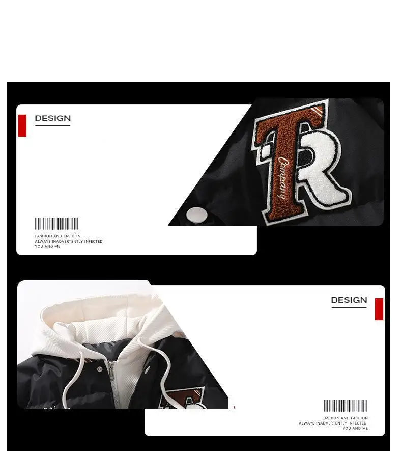 Winter Jacket Men's Two-piece  Hooded Cotton College Style Large Size Warm Baseball Varsity Jacket