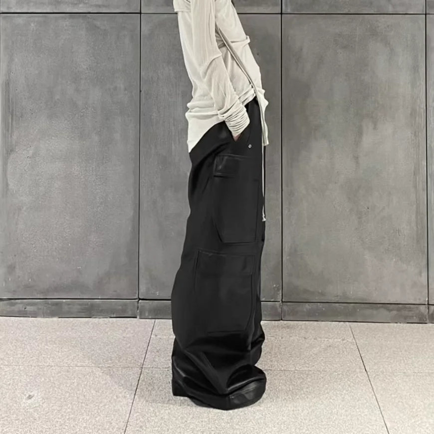 ro style matte pu leather pants for men high street y2k pantalones hombre baggy overall wide leg drawstring cargo pants unique cargo style 5558