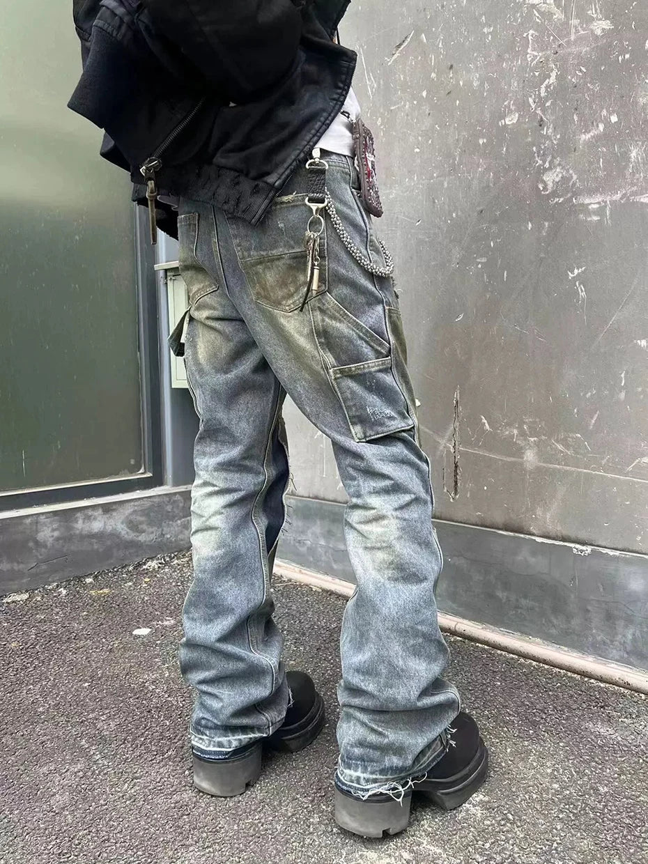 men blue ripped baggy jeans dirty printed distressed loose denim pants male luxury designer fashion jeans trousers unique jeans style 1355
