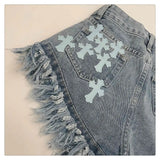 Raw Edge Fringe Gothic Style Denim Shorts Female Summer American Street High Waist Design Sense Casual A Word Super Short