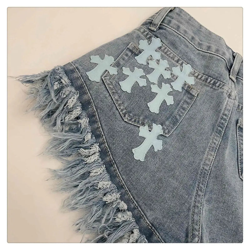 Raw Edge Fringe Gothic Style Denim Shorts Female Summer American Street High Waist Design Sense Casual A Word Super Short