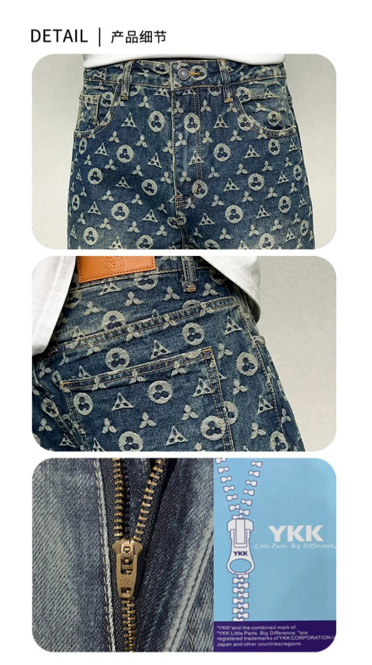 men jacquard streetwear hip hop vibe casual straight denim jeans pants boyfriend high street ripped jeans trousers unique jeans style 3112