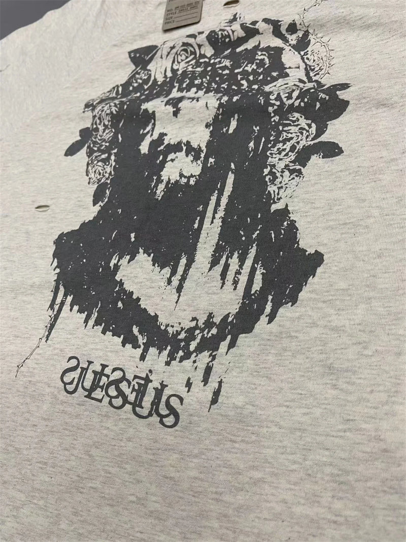 vaporwave aesthetic print tee featuring vintage 2024 print retro high street portrait graffiti print destroys mens washed and worn loose t shirt