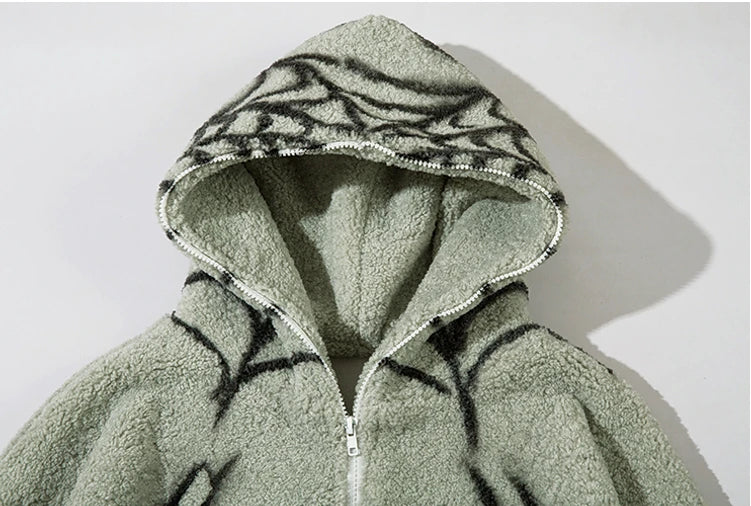 mens harajuku spider graffiti fleece jackets and coats hairy zipper hooded outerwear warm streetwear parkas loose bomber jack - variant style 92c4d7 for streetwear fashion