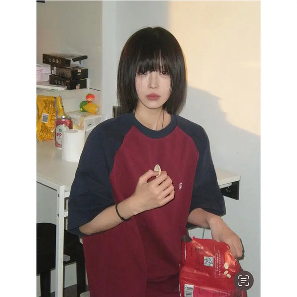 Vaporwave Vintage print – American Japanese Style Burgundy Contrast Raglan Sleeve Coup